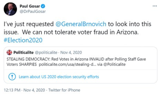 Ein Screenshot des Twitter-Profils von Paul Gosar mit seinem Foto und dem Text "Wir können keine Wahlfälschung in Arizona dulden."