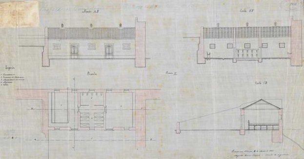 Ein detailliertes architektonisches Zeichnung eines geplanten Schulgebäudes mit zahlreichen Fenstern, einschließlich Lageplänen und Textanmerkungen auf dem Papier.