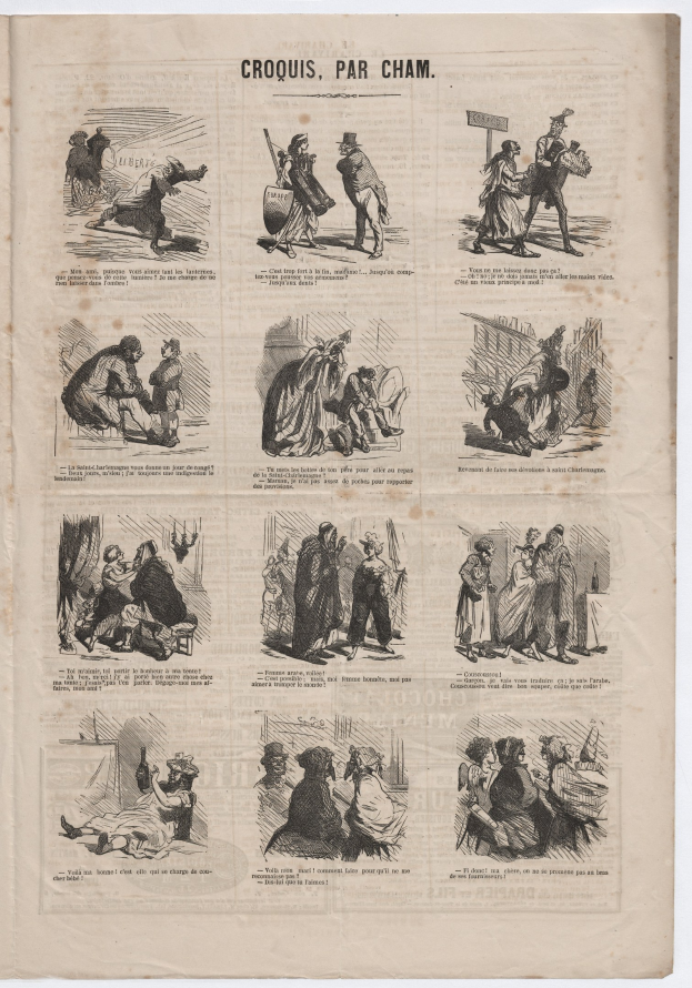 Eine Sammlung verschiedener Porträts und begleitender Texte auf den Seiten eines alten Buches.