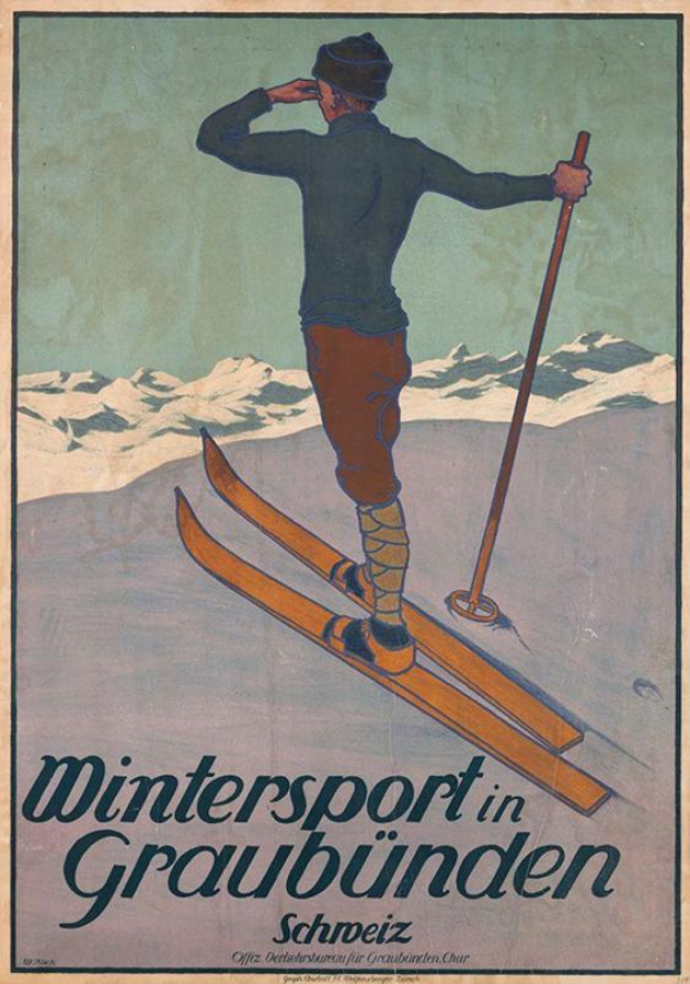 Eine Person auf Skiern mit einem Stock in der Hand vor schneebedeckten Bergen auf einem Plakat, das einen Wintersport in Graubünden, Schweiz, bewirbt, mit Textinformationen zum Sport.