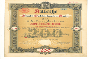 Ein altes deutsches Aktienzertifikat mit einem Porträt eines Mannes und gedrucktem Text sowie numerischen Werten.