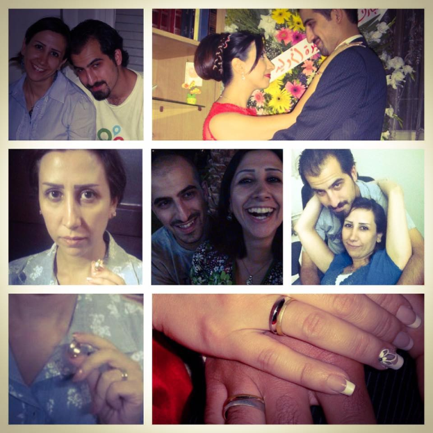 Eine Collage von Fotos, die einen Mann und eine Frau mit Eheringen zeigen, umgeben von Blumen und anderen Hintergrundobjekten.