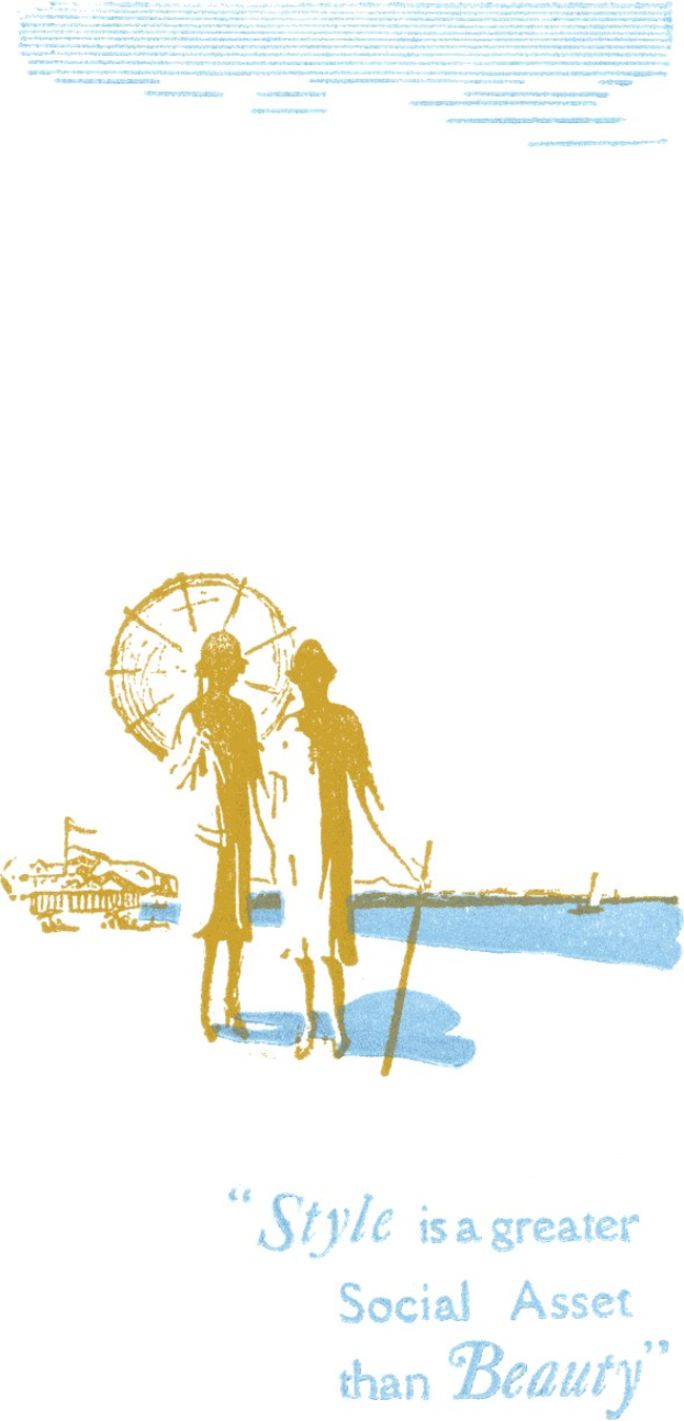 Plakat mit minimalistischem weißen Hintergrund und hellblauem Rand, das zwei nebeneinanderstehende Figuren zeigt, mit der fetten schwarzen Schrift "Stil ist ein größeres soziales Asset als Schönheit" darüber.