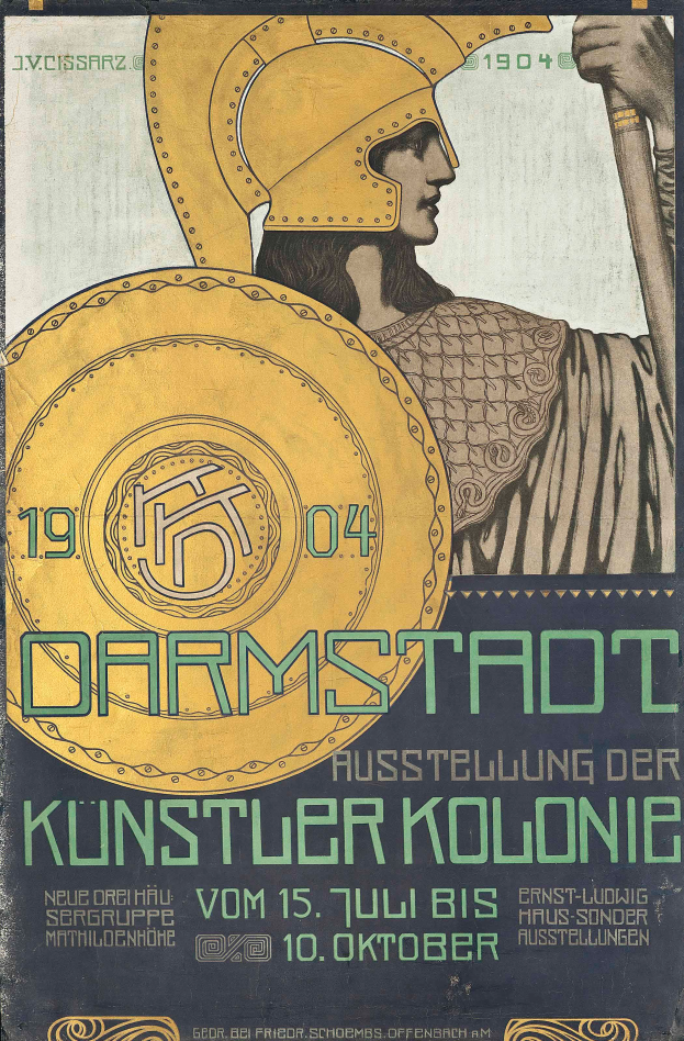 Ein Vintage-Plakat, das ein Konzert in Berlin, Deutschland im Jahr 1904 ankündigt, zeigt eine Person in einem Helm, die ein Schild hält, mit 'Darmstadt' und 'Künstlerkolonie' deutlich sichtbar.