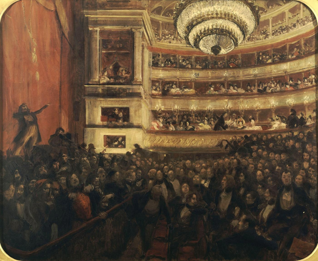 Gemälde mit dem Titel «Das Opernkonzert», das eine große sitzende Menge in einem mit Kristallleuchtern beleuchteten Theater mit einer stehenden Figur auf der linken Seite zeigt.