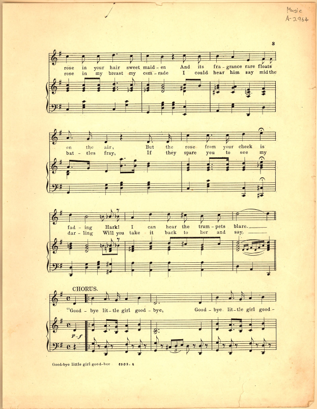Alte Notenblätter mit der Überschrift "Goodbye Little Girl" mit Violinschlüssel und Bassschlüssel-Noten, Lyrics darunter, auf hellcremefarbenem Papier.