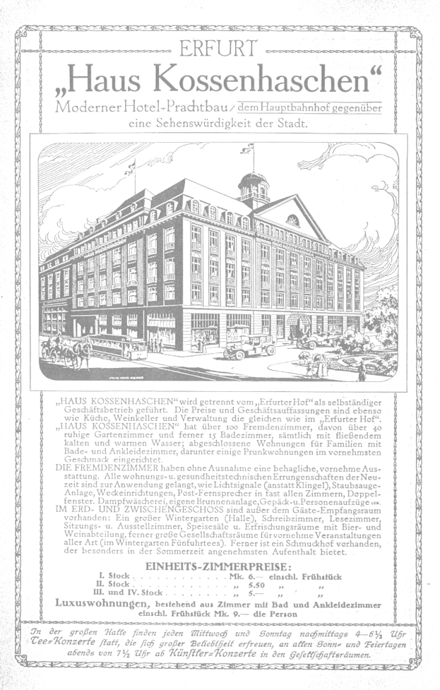 Alte Werbung für ein deutsches Hotel, das ein zweistöckiges Gebäude mit rotem Dach und weißen Wänden, ein großes Fenster im zweiten Stock und eine dekorative Textumrandung zeigt.