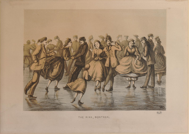 Gruppe von Menschen, die auf einer Eislaufbahn in Montreal, Kanada, umgeben von B├Ąumen mit dem Himmel im Hintergrund, skaten, mit der Beschriftung "The Rink, Montreal" unten.