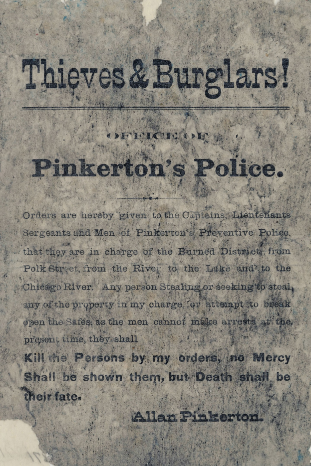 Plakat mit fettem schwarzem Text "Diebe & Einbrecher Pinkertons Polizei" auf einem weißen Hintergrund, umrahmt von einem schmalen schwarzen Rand.