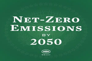 Grünes Hintergrundbild mit fettem weißem Text, der "netto-null-Emissionen bis 2050" liest.