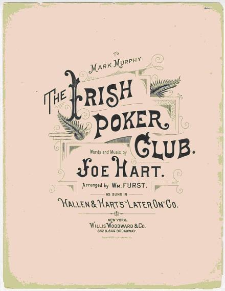Ein Plakat mit der Aufschrift 'The Irish Poker Club' in fetter schwarzer Schrift auf einem weißen Hintergrund, eingerahmt von einem schmalen schwarzen Rand, mit einer bunten Kleeblatt-Illustration.