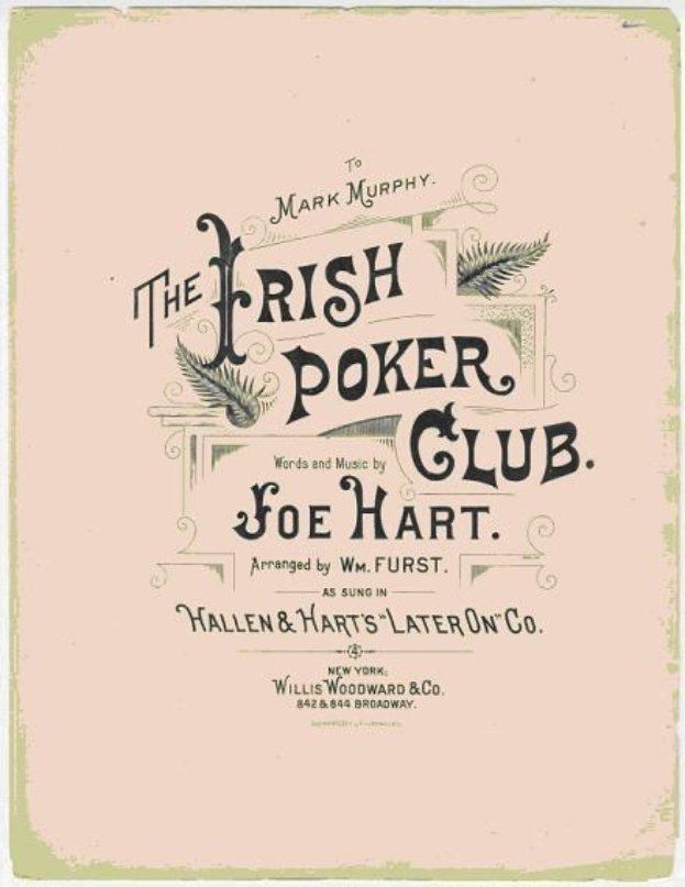 Ein Plakat mit der Aufschrift 'The Irish Poker Club' in fetter schwarzer Schrift auf einem weißen Hintergrund, eingerahmt von einem schmalen schwarzen Rand, mit einer bunten Kleeblatt-Illustration.