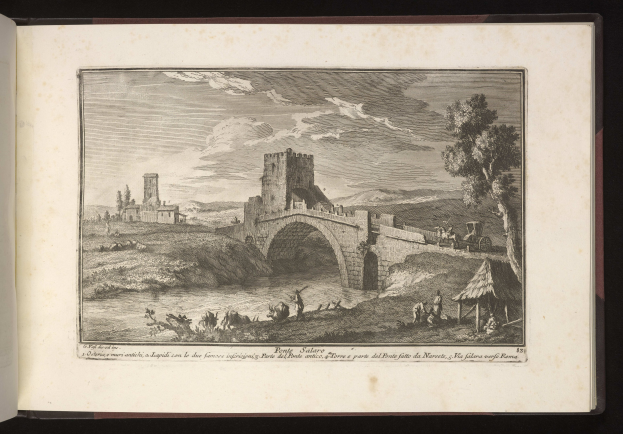 Offenes Buch mit einer Burillustration im Hintergrund, das Bäume, Menschen, eine Brücke, Wasser, Hügel und einen bewölkten Himmel zeigt.