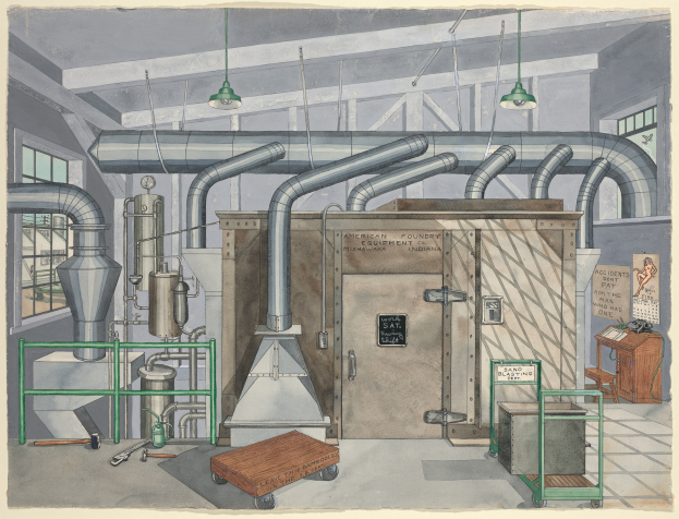 Ein detailliertes industrielles Fabrik-Innenansicht-Drawing mit Maschinen, Rohren, Möbeln, Fenstern und einem Schild mit der Aufschrift "American Foundry Equipment Co, Indiana".