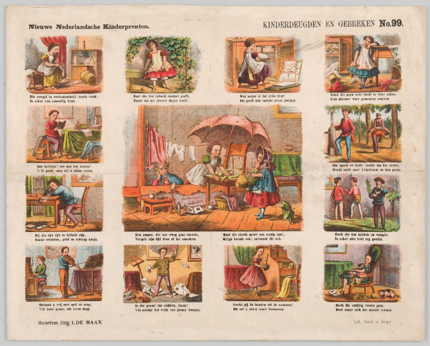 Ein altes Buch mit Illustrationen von Kindern, die in einem sonnigen, grünen Garten spielen, mit sichtbarem Text auf den Seiten.