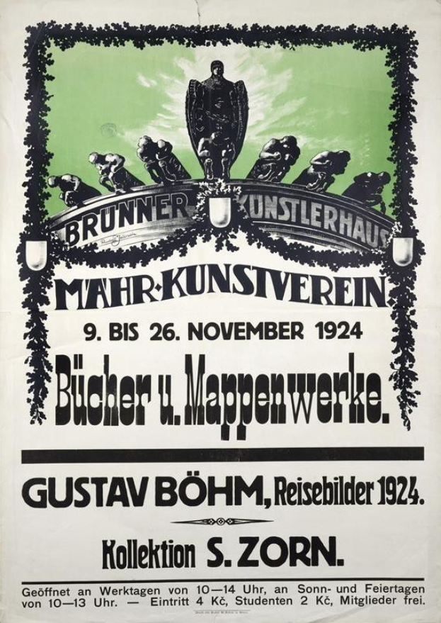 Schwarz-weißes Propagandaplakat aus dem Jahr 1924 mit grünen Akzenten, das eine Gruppe von Menschen vor einem Gebäude mit deutscher Schrift zeigt.
