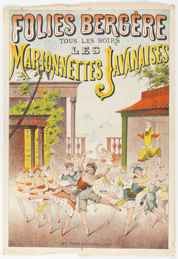 Ein Plakat, das ein Tanzshow in Paris ankündigt, zeigt im Vordergrund eine Gruppe von Menschen, die tanzen, im Hintergrund ein Gebäude, Bäume und Himmel und Text auf dem Plakat.