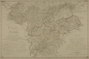 Ein detaillierter alter Stadtplan von Tirol, Deutschland, der Städte, Ortschaften, geografische Merkmale und Text mit Informationen über Bevölkerung, Straßen und Sehenswürdigkeiten zeigt.