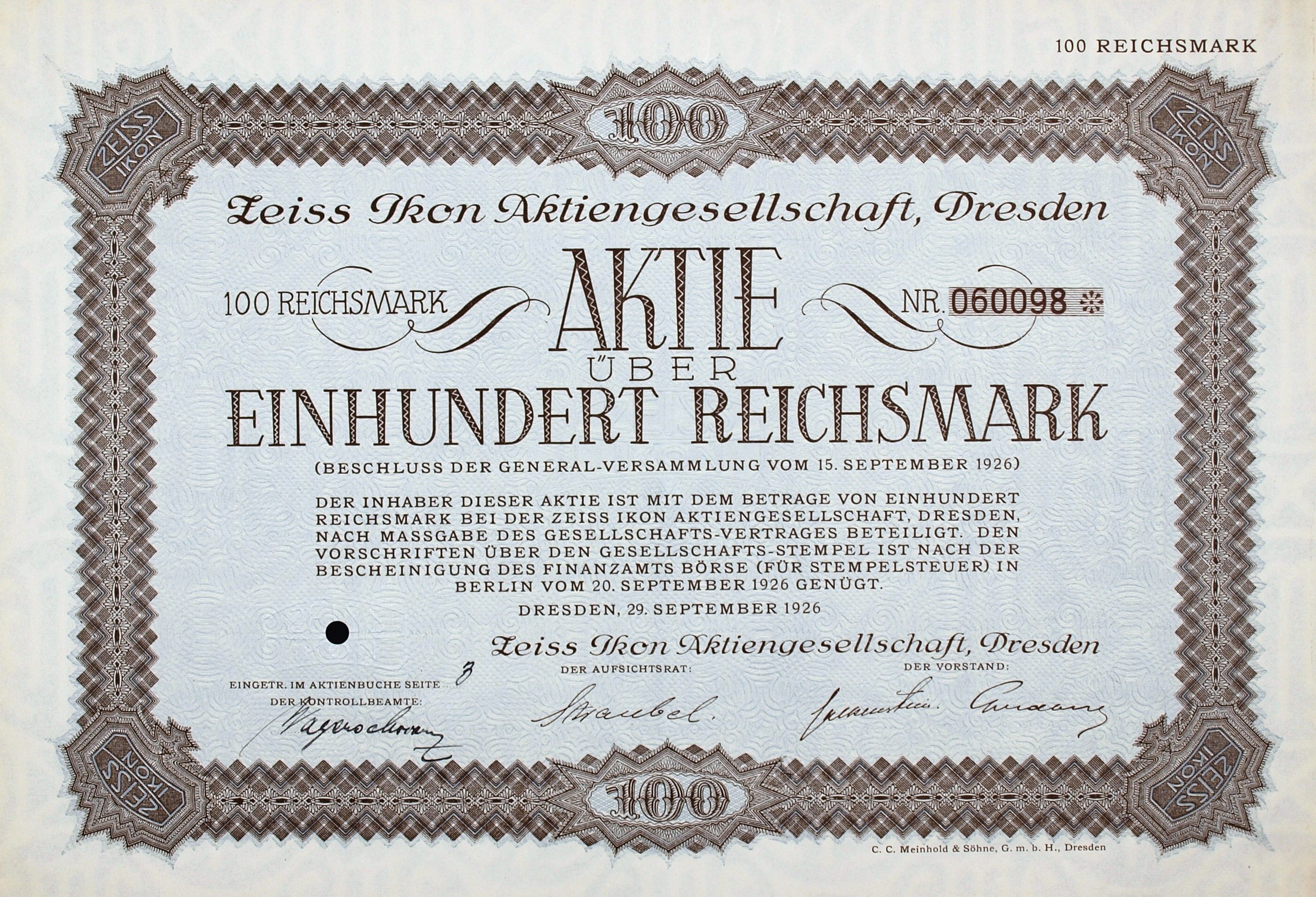 Alter deutscher Wertpapierprospekt für 100 Reichmarks mit schwarzem Rand und deutschem Text.