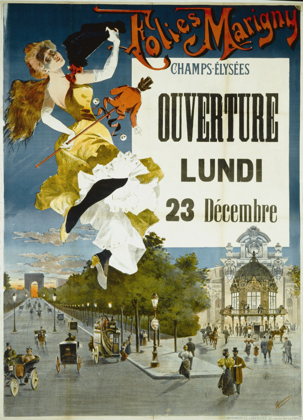 Plakatwerbung in Paris mit einer Frau in gelbem Kleid umgeben von Menschen, Fahrzeugen, Straßenelementen, Gebäuden und Wolken mit Übertext.