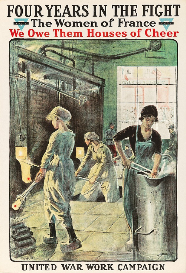 Ein Plakat mit vier Frauen, die entschlossen in einer Reihe stehen, mit der Aufschrift "Wir schulden ihnen Häuser der Freude" oben, symbolisiert die Stärke und Resilienz der Frauen Frankreichs.