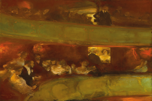 Ein Gemälde einer vielseitigen Gruppe von Menschen in einem hell erleuchteten Theater, einige stehen, einige sitzen, alle in eleganter Kleidung, die eine lebhafte und einladende Atmosphäre schaffen.