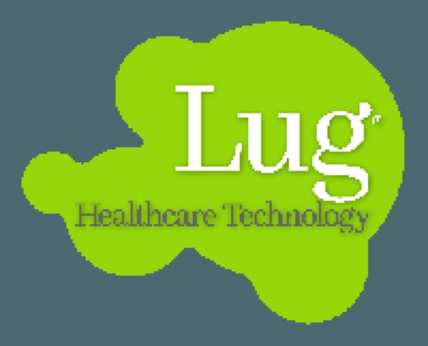 Logo von Lug Healthcare Technology: fettes schwarzes Text "lug healthcare technology" in der Mitte eines blauen und weißen umrandeten Kreises auf einem weißen Hintergrund.