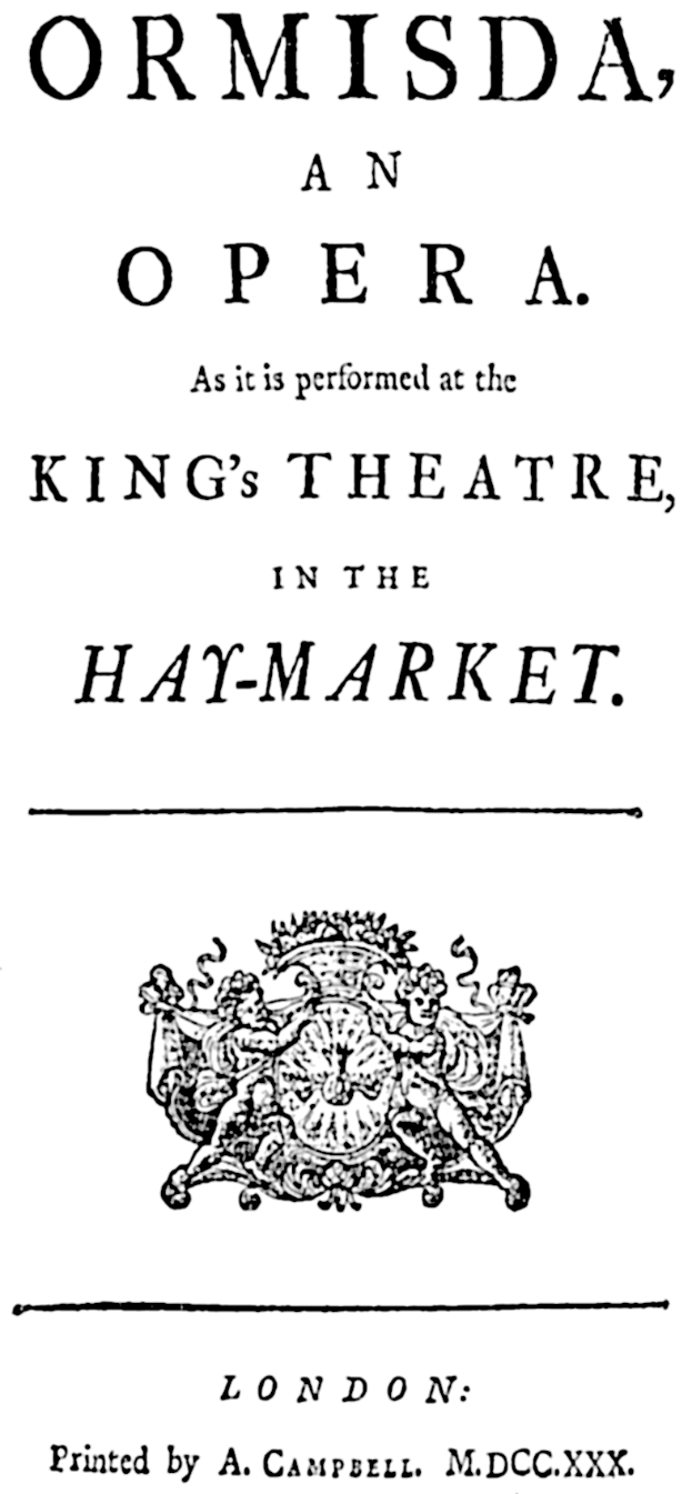 Ein Plakat mit dem Text "ormisda, eine Oper, wie sie im King's Theatre im Haymarket aufgeführt wird" und einem Logo unten.