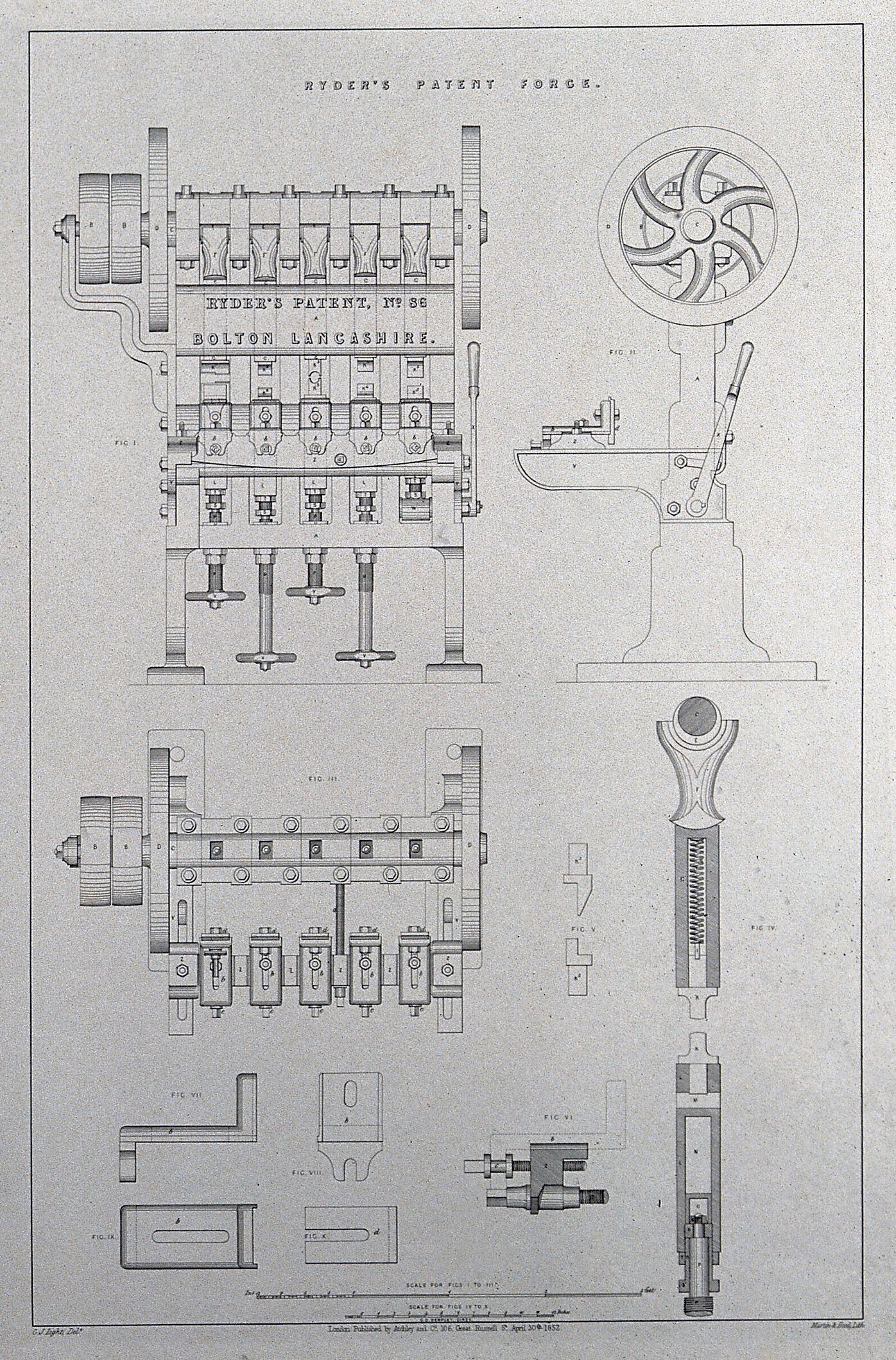 Schwarze und weiße Linienzeichnung einer hydraulischen Pressmaschine mit einem prominenten Rad, begleitet von Patenttext, der ihre Komponenten und Funktion beschreibt.