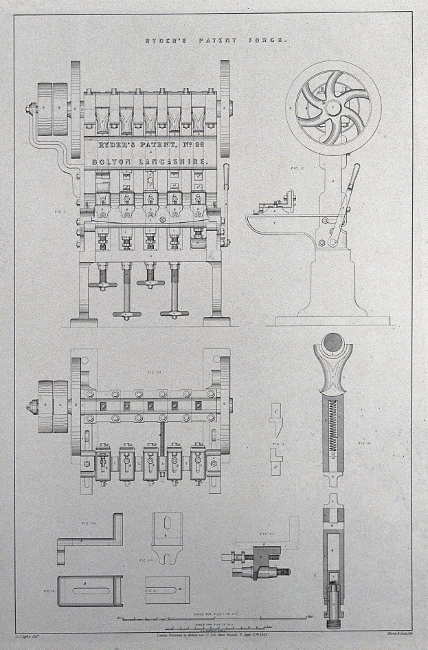 Schwarze und weiße Linienzeichnung einer hydraulischen Pressmaschine mit einem prominenten Rad, begleitet von Patenttext, der ihre Komponenten und Funktion beschreibt.
