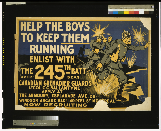 Schwarzes Plakat mit einer Gruppe uniformierter Läufer, Text lautet "Hilf den Jungs, damit sie weiterlaufen".