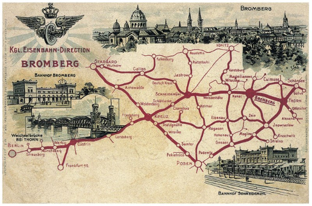 Ein detailliertes Poster mit einer Karte von Bromberg, Deutschland, das Straßen, Sehenswürdigkeiten, Gebäude, Bäume, eine Brücke und informativen Text zur Geschichte und Attraktionen der Stadt zeigt.