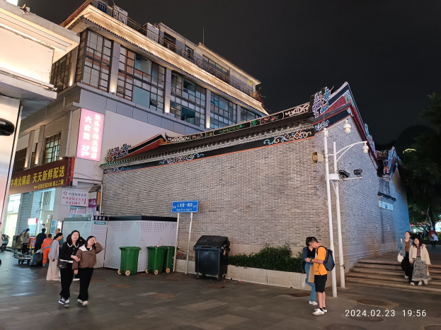 Menschen gehen nachts eine Straße entlang an Gebäuden, Straßenlaternen, Schildern, Mülltonnen, Pflanzen und Bäumen vorbei.