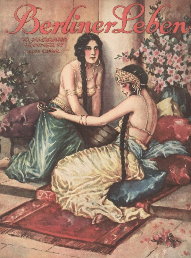 Plakat mit zwei Frauen auf einem Bett umgeben von Kissen und blühenden Pflanzen, mit dem Text "Berliner Leben Magazin-Cover von Oktober 1931" oben.