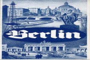 Plakat, das Berlin, Deutschland bewirbt und eine Statue, Gebäude, einen Turm, Menschen, Fahrzeuge auf der Straße und eine Brücke zeigt sowie Text enthält, der Informationen über die Stadt bereitstellt.