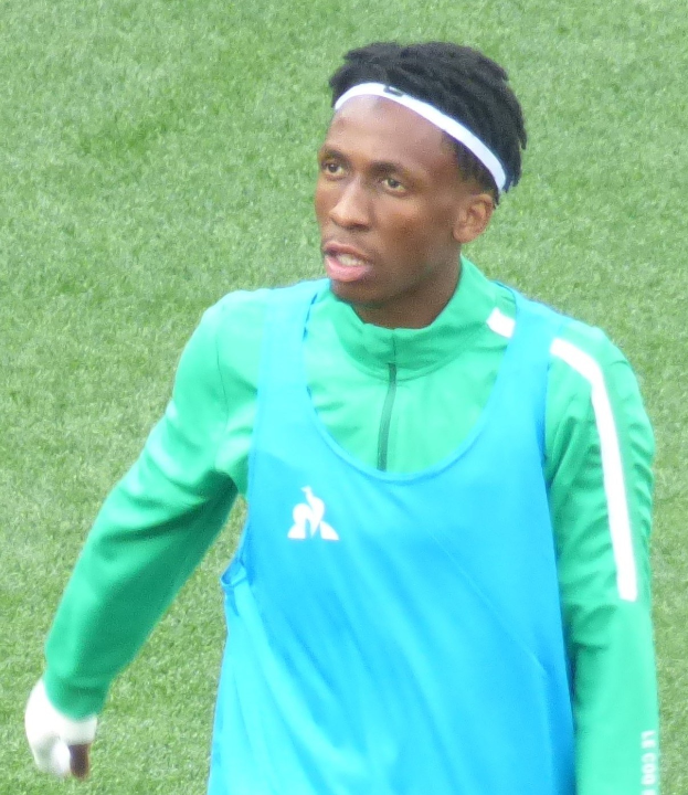 Ein Mann in einem grünen Fußballtrikot und weißen Handschuhen auf einem saftigen grünen Fußballfeld.