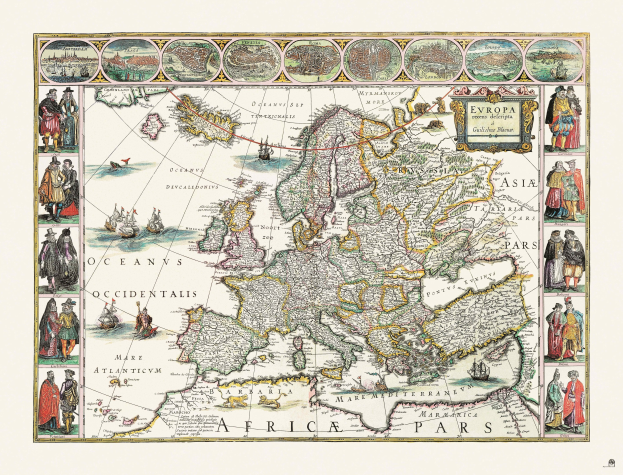 Ein 16. Jahrhundert-Europakarte-Poster mit detaillierten geographischen Merkmalen, Städten und Regionen, begleitet von illustrierenden Figuren und beschreibendem Text.