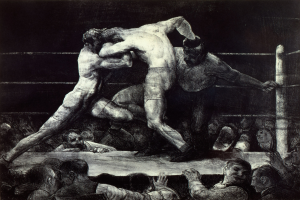 Schwarze und weiße Zeichnung von zwei Boxern in einem Ring, die sich gegenseitig mit Faustschlägen attackieren, während eine jubelnde Menge zusieht.