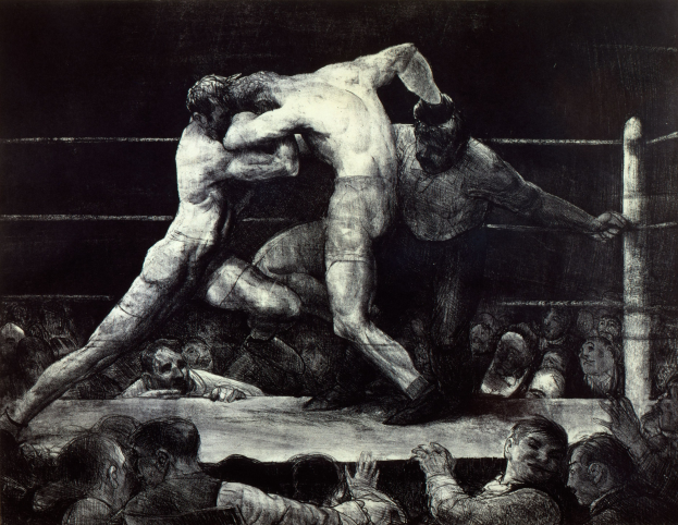 Schwarze und weiße Zeichnung von zwei Boxern in einem Ring, die sich gegenseitig mit Faustschlägen attackieren, während eine jubelnde Menge zusieht.