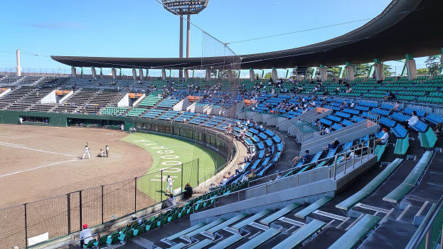 Baseball-Spiel in einem Stadion mit Zuschauern auf den Tribünen und auf dem Feld, umgeben von einem Zaun, Bäumen und einem klaren blauen Himmel.