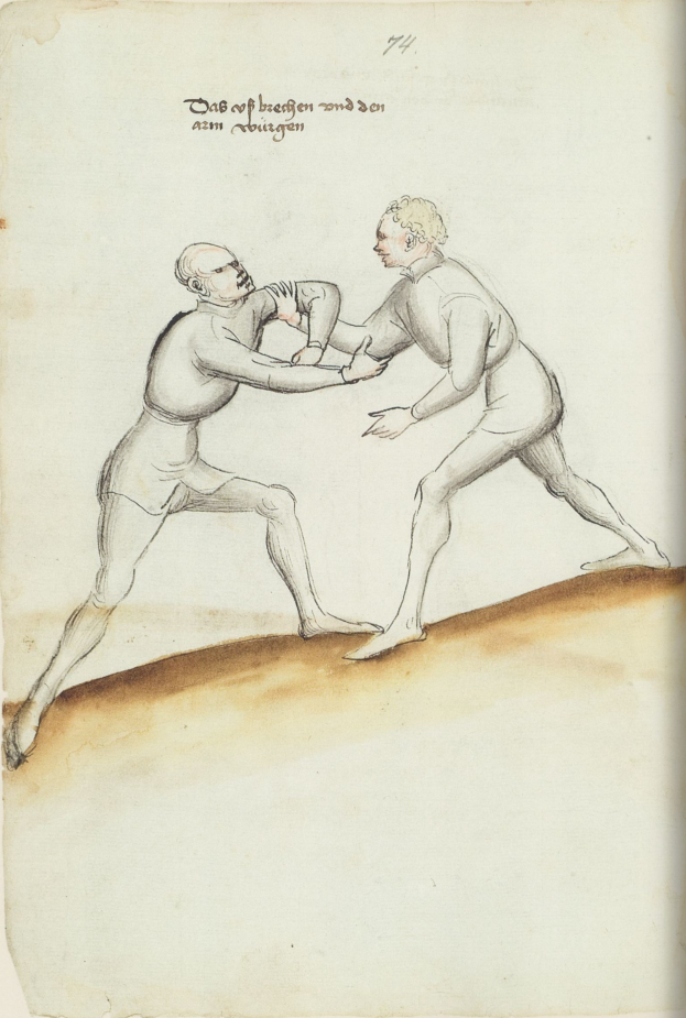 Zwei Männer kämpfen, einer wirft einen Schlag, auf einem Blatt Papier mit Text, der die Szene beschreibt.