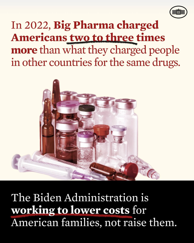 Ein Plakat mit dem Text "2022 verlangte Big Pharma von Amerikanern zwei bis drei Mal so viel wie von Menschen in anderen Ländern für dieselben Medikamente" am unteren Rand, neben ein paar Medikamentenflaschen und einer Spritze.
