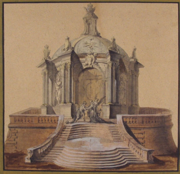 Ein gerahmtes Bild einer klassisch anmutenden Brunnenzeichnung mit einer Statue darauf, umgeben von Stufen und weiteren Skulpturen.