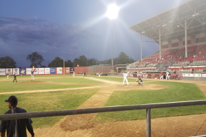 Baseballspiel in einem Stadion mit Zuschauern auf den Rängen, Bäumen, Mästen, Lichtern, Werbetafeln und einem klaren blauen Himmel im Hintergrund.