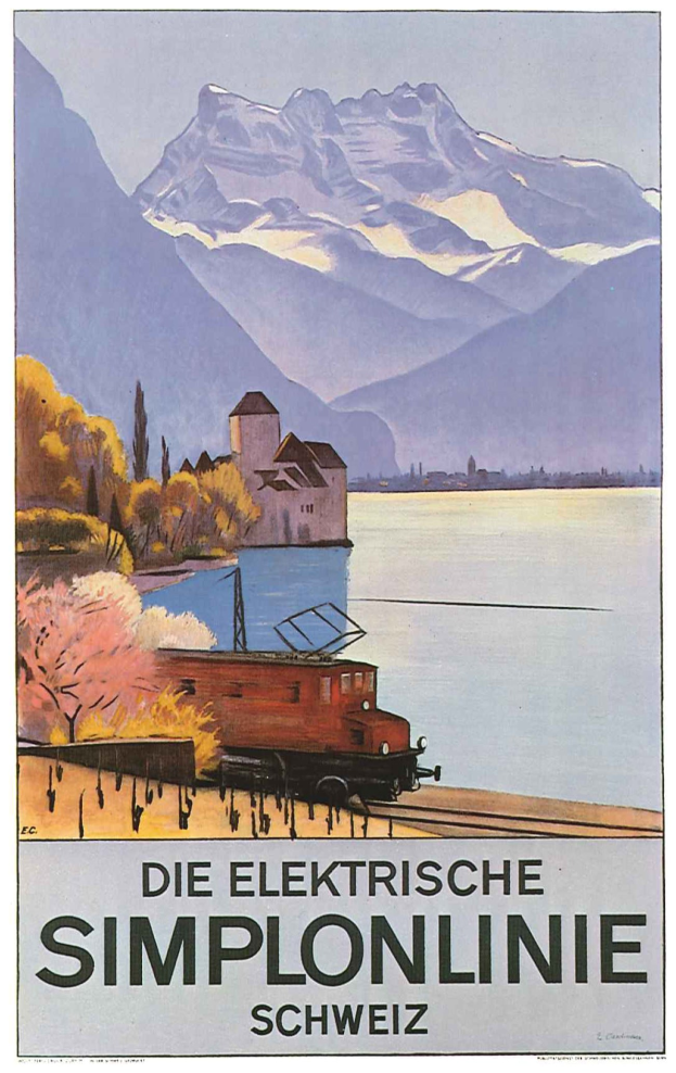 Plakatwerbung für die Schweizer Bahnen mit einem Zug auf Schienen in der Nähe eines Sees, umgeben von Bäumen, einem Gebäude und Bergen im Hintergrund.