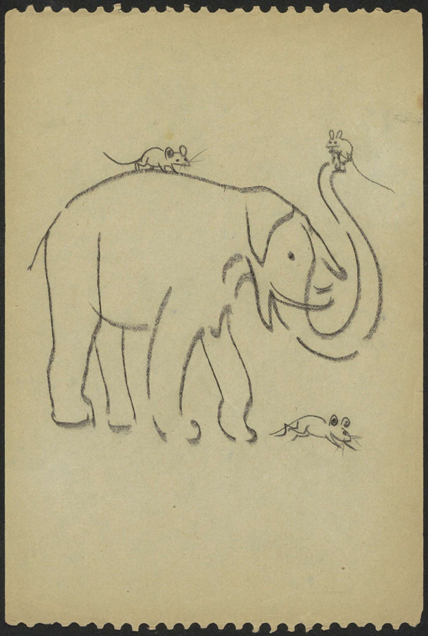 Eine Zeichnung eines aufrecht stehenden Elefanten mit erhobenem Rüssel und einer Maus auf seinem Rücken, beide scheinen friedlich zu sein.
