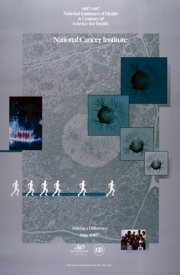 Leuchtend buntes Plakat für das National Cancer Institute mit blauem Hintergrund und weißer Schrift, das eine kreisförmige Anordnung von überlappenden, lächelnden Bildern von verschiedenen Menschen zeigt, die den Titeltext umgeben.
