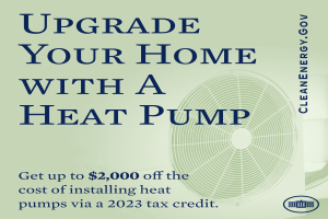 Ein Plakat, das Wärmepumpen-Upgrades für das Heim bewirbt, mit einem Bild einer Wärmepumpe und dem Text "Upgrade Your Home with a Heat Pump."