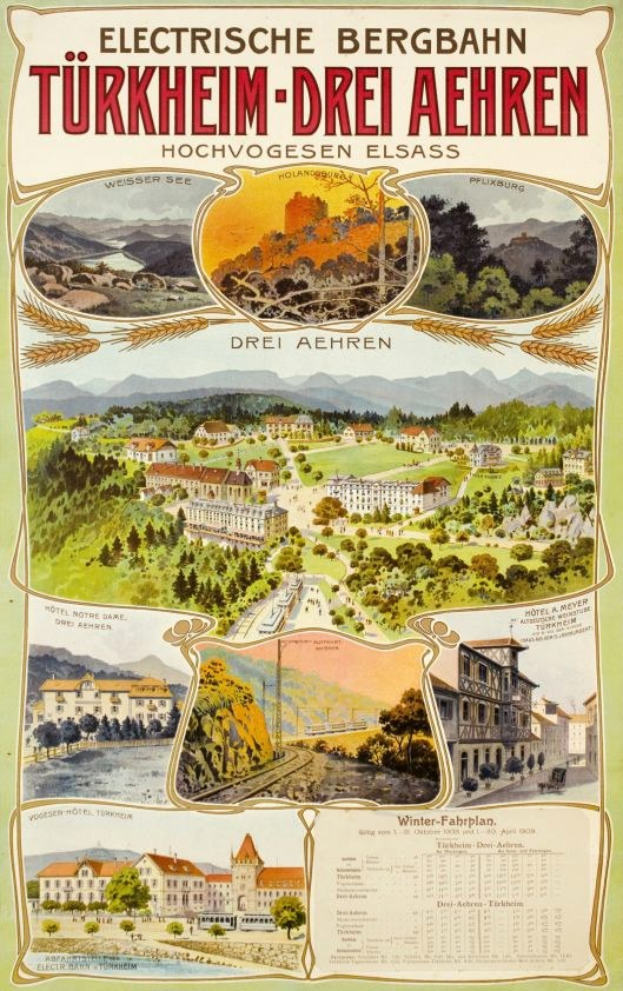 Plakat wirbt für Bergbahn, Deutschland als elektrisches Stadt mit Bildern von Gebäuden, Bäumen, Hügeln und beschreibendem Text.