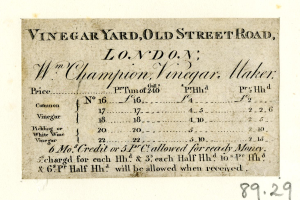 Papierbeleg mit Text "Vinegar Yard, Old Street Road, London Champion Vinegar Maker"